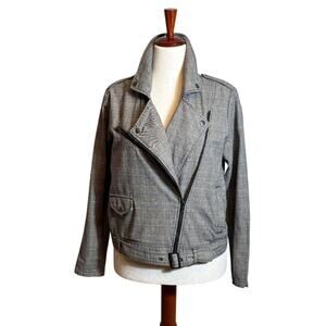 Michael Stars moto jacket 100% cotton gray & tan plaid asymmetrical zip up Sz M